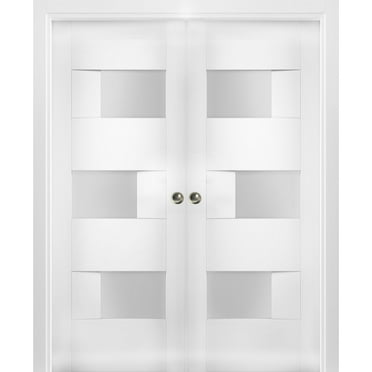 Sliding French Double Pocket Doors 60 x 96 inches Opaque Glass / Sete 6933 White Silk / Kit Rail Hardware / MDF Interior Bedroom Modern Doors
