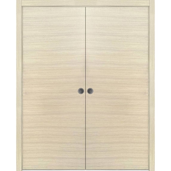 Sliding French Double Pocket Doors 60 x 96 inches | Planum 0010 Natural Veneer | Kit Trims Rail Hardware | Solid Wood Interior Bedroom Sturdy Doors
