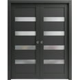 thumbnail image 1 of Sliding French Double Pocket Doors 60 x 96 inches | Quadro 4113 Matte Black Frosted Glass | Kit Trims Rail Hardware | Solid Wood Interior Bedroom Sturdy Doors, 1 of 6