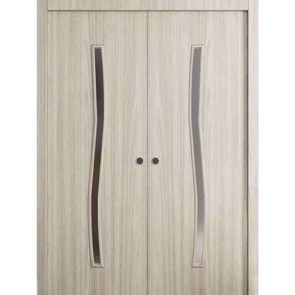 Sliding French Double Pocket Doors 64 x 80 in - LUNO 2003 Oak - Kit Rail Hardware - Solid Wood Interior Bedroom Modern Doors