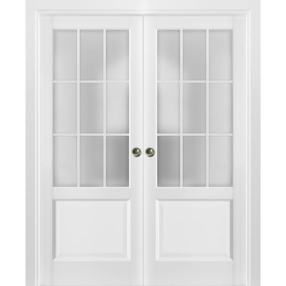 Sliding French Double Pocket Doors 64 x 80 inches Frosted Glass 9 Lites