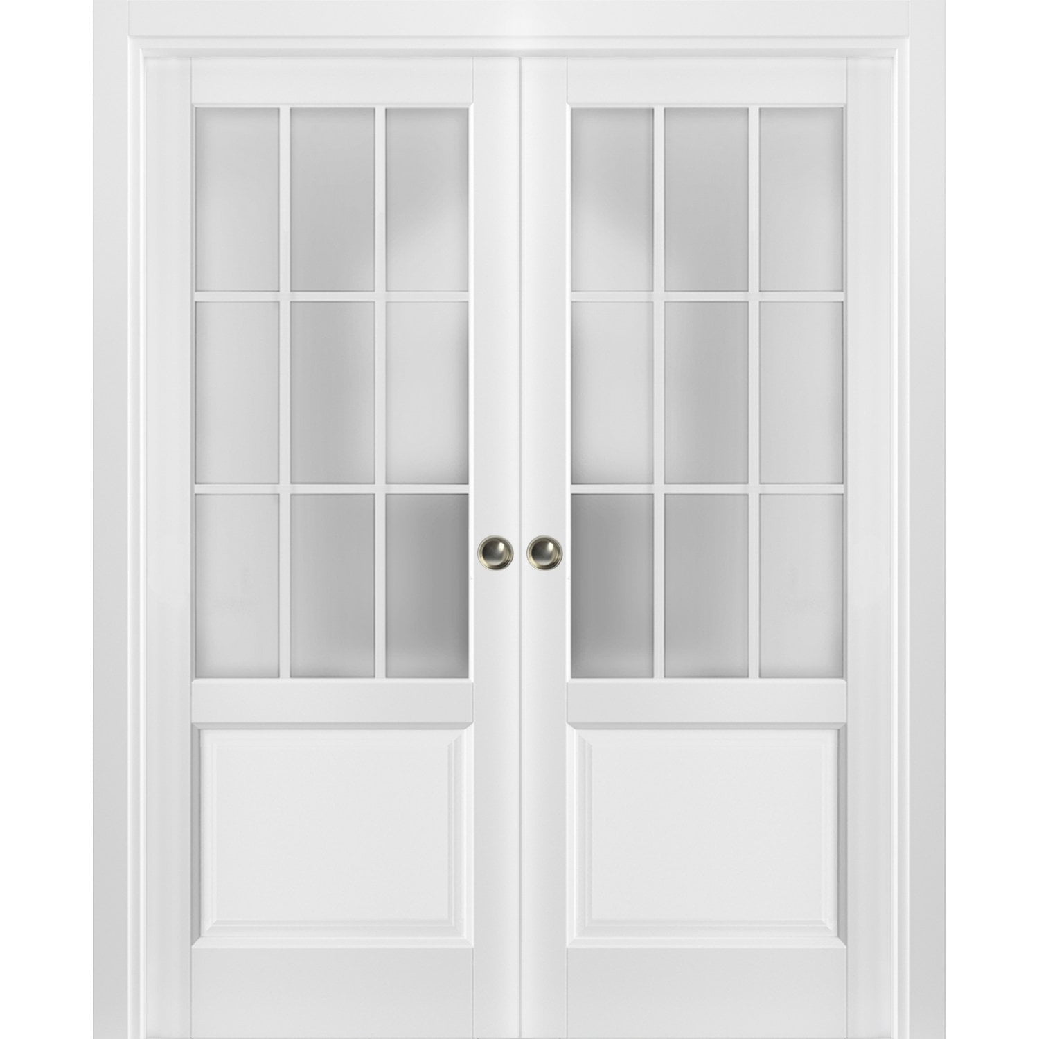Matte White 64" x 80" French Double Pocket Doors with Frosted Glass