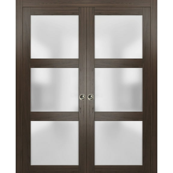 Sliding French Double Pocket Doors 64 x 80 inches Frosted Glass | Lucia 2552 Chocolate Ash | Kit Trims Rail Hardware | Solid Wood Interior Bedroom Sturdy Doors