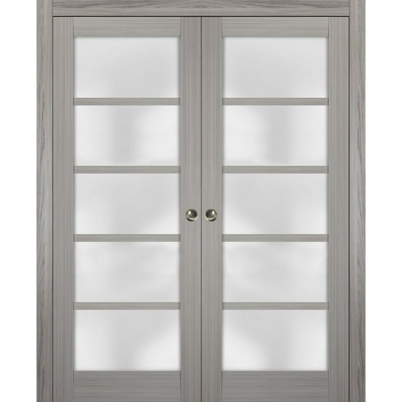 Sliding French Double Pocket Doors 64 x 80 inches Frosted Glass | Quadro 4002 Grey Ash | Kit Trims Rail Hardware | Solid Wood Interior Bedroom Sturdy Doors