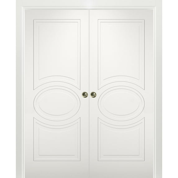 Sliding French Double Pocket Doors 64 x 80 inches / Mela 7001 Matte White / Kit Rail Hardware / MDF Interior Bedroom Modern Doors