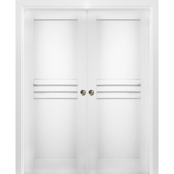 Sliding French Double Pocket Doors 64 x 80 inches / Mela 7444 White Silk / Kit Rail Hardware / MDF Interior Bedroom Modern Doors