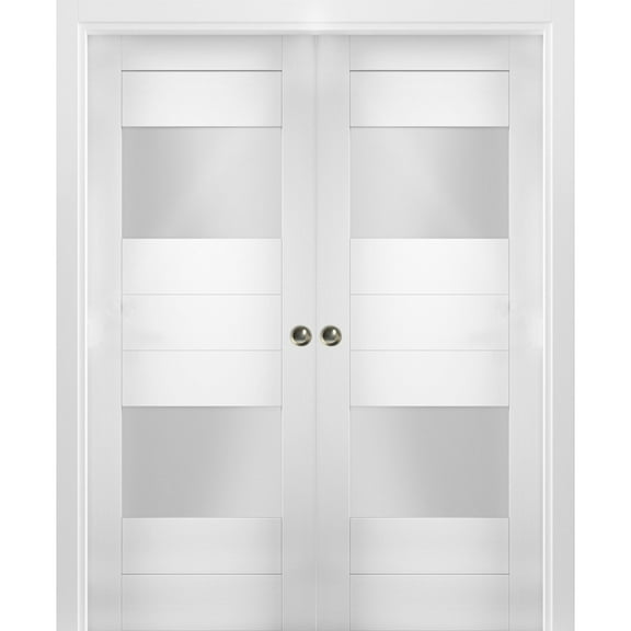 Sliding French Double Pocket Doors 64 x 80 inches Opaque Glass 2 Lites / Sete 6222 White Silk / Kit Rail Hardware / MDF Interior Bedroom Modern Doors