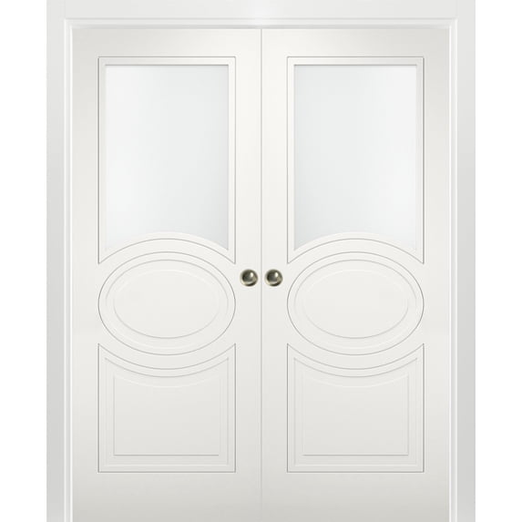 Sliding French Double Pocket Doors 64 x 80 inches Opaque Glass / Mela 7012 Matte White / Kit Rail Hardware / MDF Interior Bedroom Modern Doors