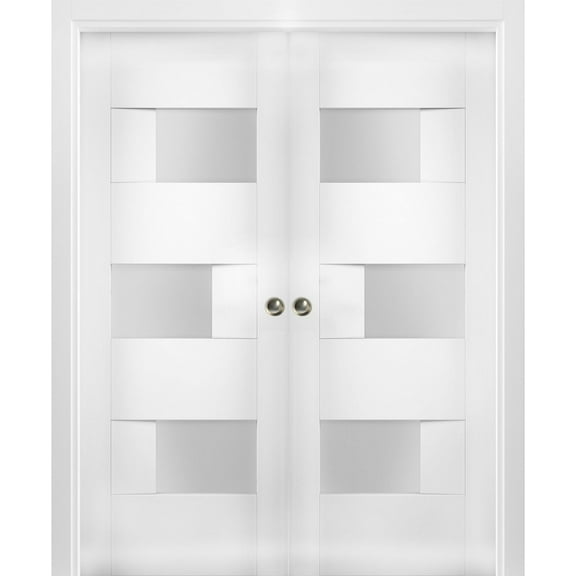 Sliding French Double Pocket Doors 64 x 80 inches Opaque Glass / Sete 6933 White Silk / Kit Rail Hardware / MDF Interior Bedroom Modern Doors