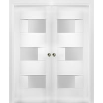 Sliding French Double Pocket Doors 64 x 80 inches Opaque Glass / Sete 6933 White Silk / Kit Rail Hardware / MDF Interior Bedroom Modern Doors