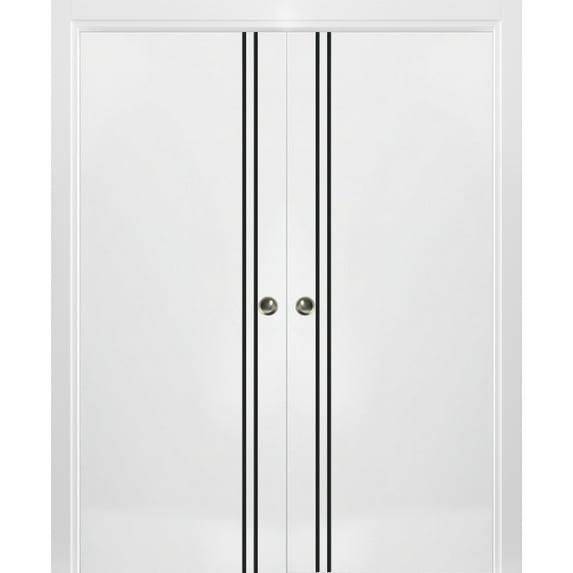Sliding French Double Pocket Doors 64 x 80 inches | Planum 0016 White Silk with Frosted Glass | Kit Trims Rail Hardware | Solid Wood Interior Bedroom Sturdy Doors