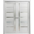 thumbnail image 1 of Sliding French Double Pocket Doors 64 x 80 inches | Quadro 4088 Light Grey Oak with Frosted Glass | Kit Trims Rail Hardware | Solid Wood Interior Bedroom Sturdy Doors, 1 of 5