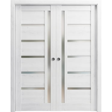 Sliding French Double Pocket Doors 64 x 80 inches | Quadro 4088 Nordic White with Frosted Glass | Kit Trims Rail Hardware | Solid Wood Interior Bedroom Sturdy Doors