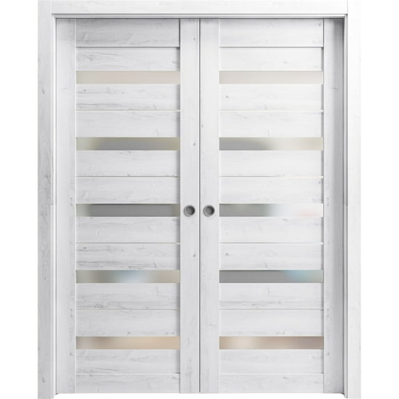 Sliding French Double Pocket Doors 64 x 80 inches | Quadro 4445 Nordic White with Frosted Glass | Kit Trims Rail Hardware | Solid Wood Interior Bedroom Sturdy Doors