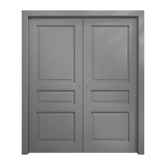 Sliding French Double Pocket Doors 64 x 84 inches | Ego 5012 Painted Grey Oak | Kit Rail Hardware | Solid Wood Interior Bedroom Modern Doors