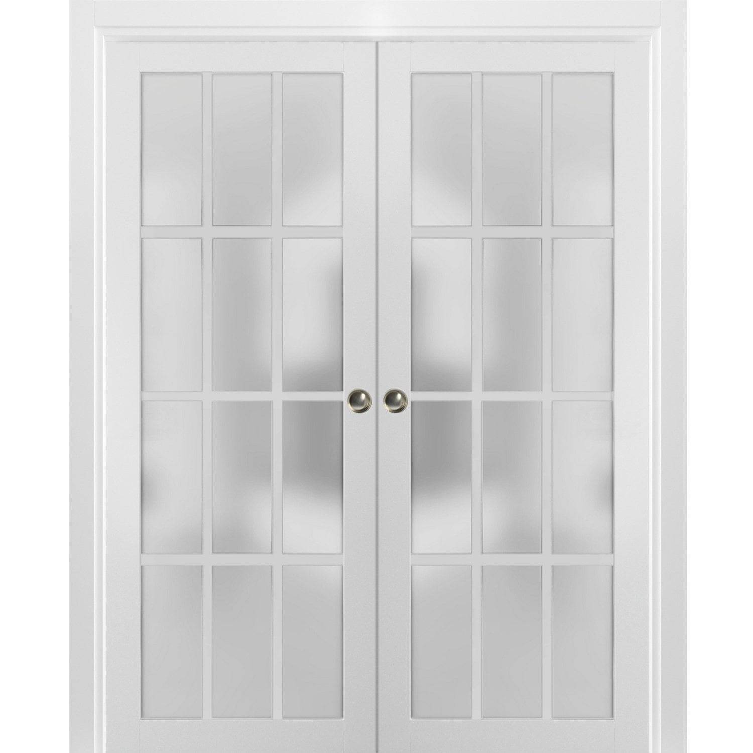 Matte White 64" x 84" French Double Pocket Doors with Frosted Glass