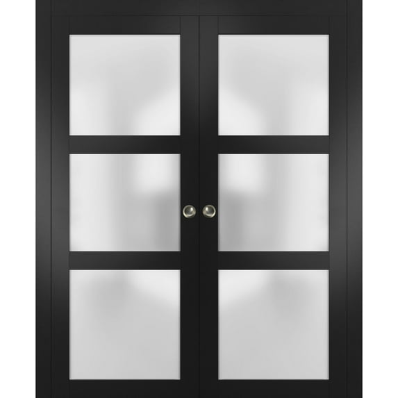 Sliding French Double Pocket Doors 64 x 84 inches Frosted Glass | Lucia 2552 Matte Black | Kit Trims Rail Hardware | Solid Wood Interior Bedroom Sturdy Doors