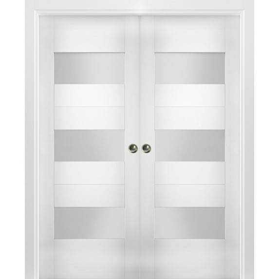 Sliding French Double Pocket Doors 64 x 84 inches Opaque Glass / Sete 6003 White Silk / Kit Rail Hardware / MDF Interior Bedroom Modern Doors
