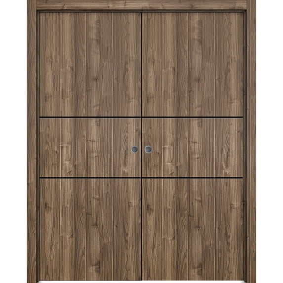 Sliding French Double Pocket Doors 64 x 84 inches | Planum 0014 Walnut with Frosted Glass | Kit Trims Rail Hardware | Solid Wood Interior Bedroom Sturdy Doors
