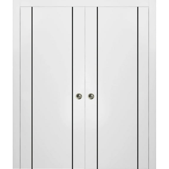 Sliding French Double Pocket Doors 64 x 84 inches | Planum 0016 White Silk with Frosted Glass | Kit Trims Rail Hardware | Solid Wood Interior Bedroom Sturdy Doors