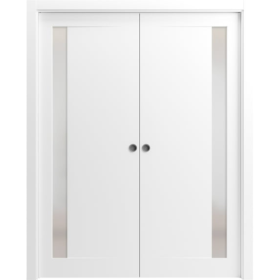 Sliding French Double Pocket Doors 64 x 84 inches | Planum 0660 Painted White with Frosted Glass | Kit Trims Rail Hardware | Solid Wood Interior Bedroom Sturdy Doors