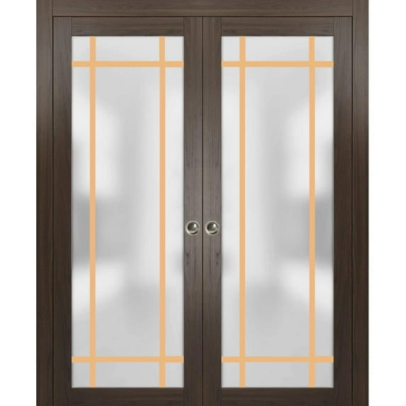 Sliding French Double Pocket Doors 64 x 84 inches | Planum 2113 Chocolate Ash Frosted Glass | Kit Trims Rail Hardware | Solid Wood Interior Bedroom Sturdy Doors
