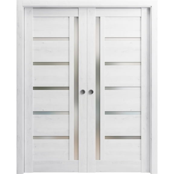 Sliding French Double Pocket Doors 64 x 84 inches | Quadro 4088 Nordic White with Frosted Glass | Kit Trims Rail Hardware | Solid Wood Interior Bedroom Sturdy Doors