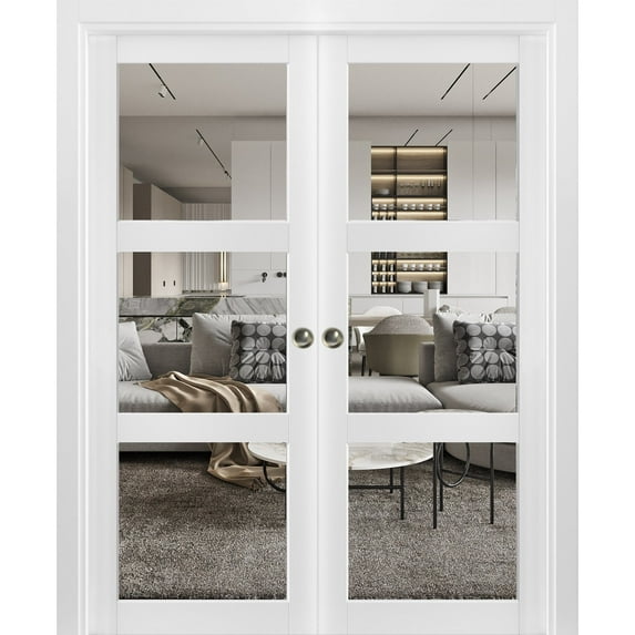 Sliding French Double Pocket Doors 64 x 96 inches Clear Glass 3 Lites| Lucia 2555 Matte White | Kit Trims Rail Hardware | Solid Wood Interior Bedroom Sturdy Doors