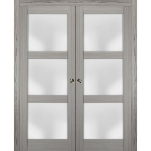 Sliding French Double Pocket Doors 64 x 96 inches Frosted Glass | Lucia 2552 Grey Ash | Kit Trims Rail Hardware | Solid Wood Interior Bedroom Sturdy Doors