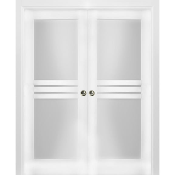 Sliding French Double Pocket Doors 64 x 96 inches Opaque Glass 4 Lites / Mela 7222 White Silk / Kit Rail Hardware / MDF Interior Bedroom Modern Doors