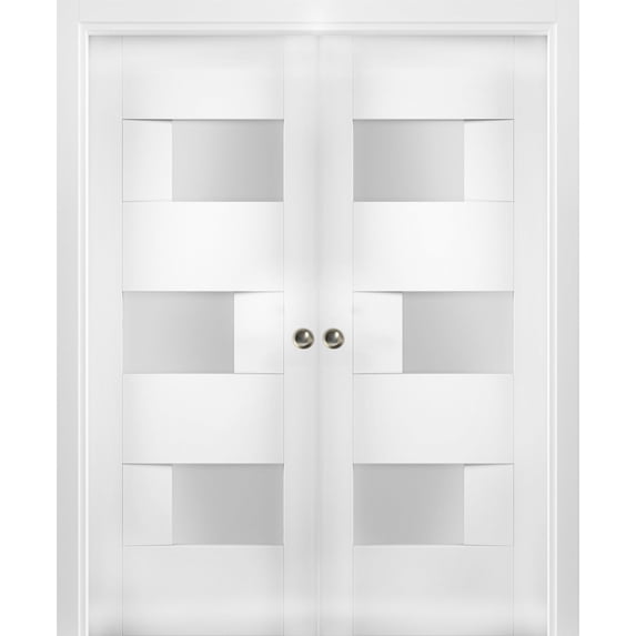 Sliding French Double Pocket Doors 64 x 96 inches Opaque Glass / Sete 6933 White Silk / Kit Rail Hardware / MDF Interior Bedroom Modern Doors