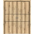 thumbnail image 1 of Sliding French Double Pocket Doors 64 x 96 inches | Planum 0014 Oak with Frosted Glass | Kit Trims Rail Hardware | Solid Wood Interior Bedroom Sturdy Doors, 1 of 6