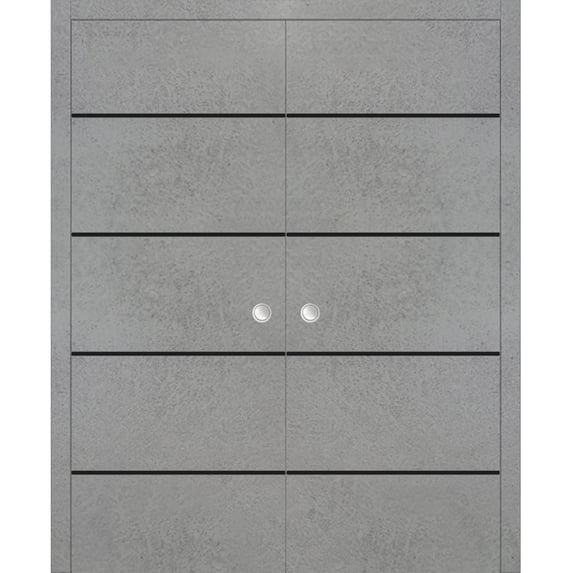 Sliding French Double Pocket Doors 64 x 96 inches | Planum 0015 Concrete with Frosted Glass | Kit Trims Rail Hardware | Solid Wood Interior Bedroom Sturdy Doors