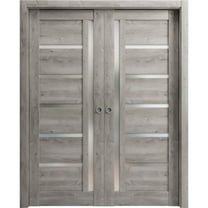 Sliding French Double Pocket Doors 64 x 96 inches | Quadro 4088 Nebraska Grey with Frosted Glass | Kit Trims Rail Hardware | Solid Wood Interior Bedroom Sturdy Doors