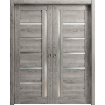 Sliding French Double Pocket Doors 64 x 96 inches | Quadro 4088 Nebraska Grey with Frosted Glass | Kit Trims Rail Hardware | Solid Wood Interior Bedroom Sturdy Doors