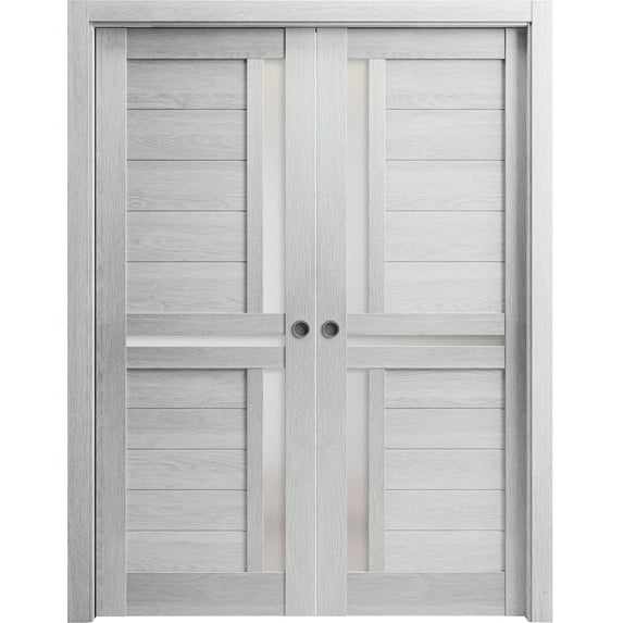 Sliding French Double Pocket Doors 64 x 96 inches | Veregio 7288 Light Grey Oak with Frosted Glass | Kit Trims Rail Hardware | Solid Wood Interior Bedroom Sturdy Doors