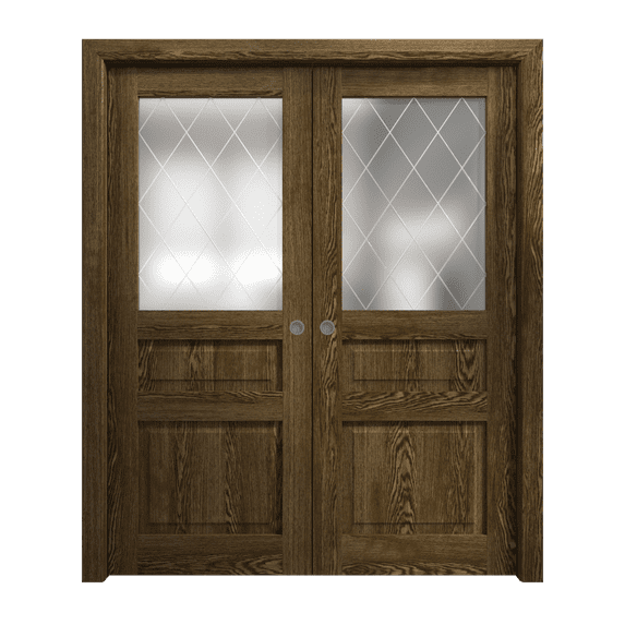 Sliding French Double Pocket Doors 72 x 80 inches | Ego 5011 Marble Oak | Kit Rail Hardware | Solid Wood Interior Bedroom Modern Doors