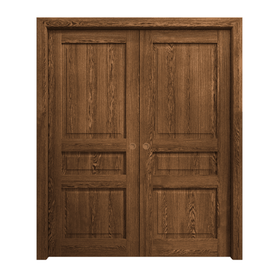 Sliding French Double Pocket Doors 72 x 80 inches | Ego 5012 Cognac Oak | Kit Rail Hardware | Solid Wood Interior Bedroom Modern Doors