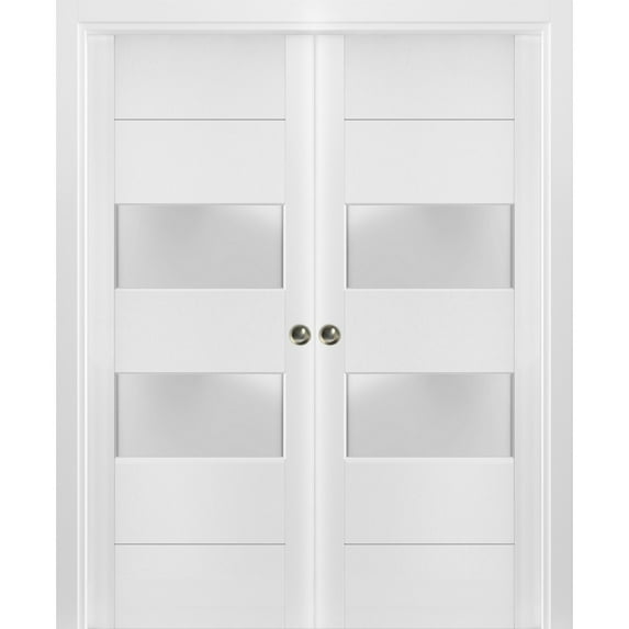Sliding French Double Pocket Doors 72 x 80 inches Frosted Glass 2 lites| Lucia 4010 White Silk | Kit Trims Rail Hardware | Solid Wood Interior Bedroom Sturdy Doors