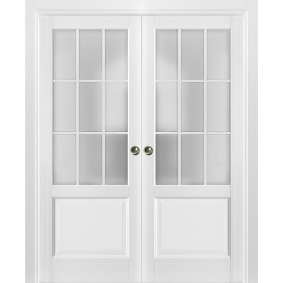 Sliding French Double Pocket Doors 72 x 80 inches Frosted Glass 9 Lites