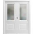 thumbnail image 1 of Sliding French Double Pocket Doors 72 x 80 inches | Lucia 8822 White Silk with Frosted Glass | Kit Trims Rail Hardware | Solid Wood Interior Bedroom Sturdy Doors, 1 of 5