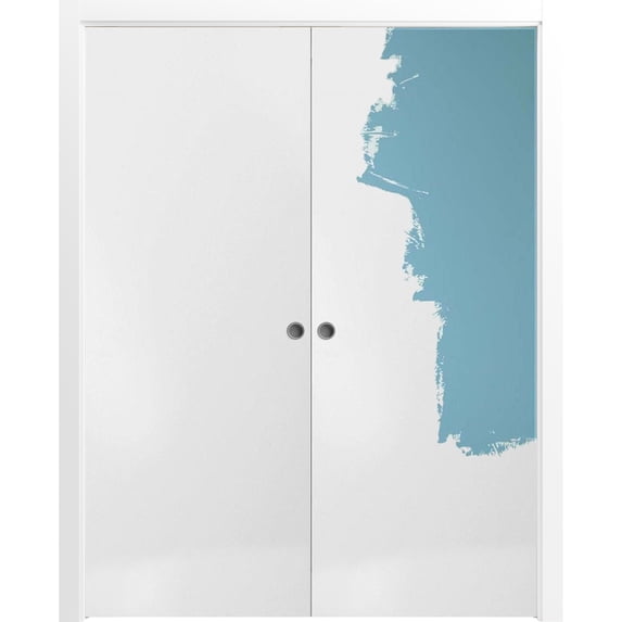 Sliding French Double Pocket Doors 72 x 80 inches | Planum 0010 Primed | Kit Trims Rail Hardware | Solid Wood Interior Bedroom Sturdy Doors