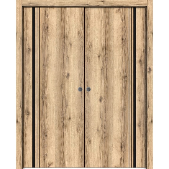 Sliding French Double Pocket Doors 72 x 80 inches | Planum 0011 Oak with Frosted Glass | Kit Trims Rail Hardware | Solid Wood Interior Bedroom Sturdy Doors