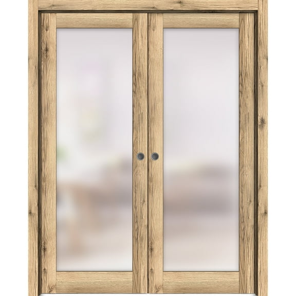 Sliding French Double Pocket Doors 72 x 80 inches | Planum 2102 Oak | Kit Trims Rail Hardware | Solid Wood Interior Bedroom Sturdy Doors