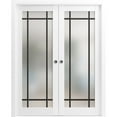 thumbnail image 1 of Sliding French Double Pocket Doors 72 x 80 inches | Planum 2112 White Silk Frosted Glass | Kit Trims Rail Hardware | Solid Wood Interior Bedroom Sturdy Doors, 1 of 6