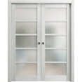thumbnail image 1 of Sliding French Double Pocket Doors 72 x 80 inches | Quadro 4002 Light Grey Oak with Frosted Glass | Kit Trims Rail Hardware | Solid Wood Interior Bedroom Sturdy Doors, 1 of 5