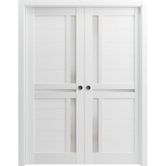 Sliding French Double Pocket Doors 72 x 80 inches | Veregio 7288 White Silk with Frosted Glass | Kit Trims Rail Hardware | Solid Wood Interior Bedroom Sturdy Doors