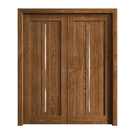 Sliding French Double Pocket Doors 72 x 84 inches | Ego 5014 Cognac Oak | Kit Rail Hardware | Solid Wood Interior Bedroom Modern Doors