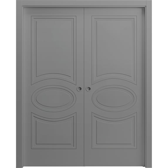 Sliding French Double Pocket Doors 72 x 84 inches / Mela 7001 Painted Grey / Kit Rail Hardware / MDF Interior Bedroom Modern Doors