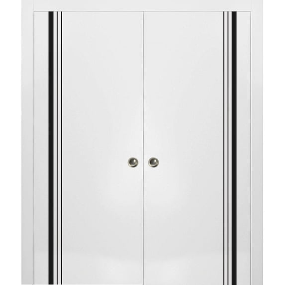 Sliding French Double Pocket Doors 72 x 84 inches | Planum 0011 White Silk with Frosted Glass | Kit Trims Rail Hardware | Solid Wood Interior Bedroom Sturdy Doors